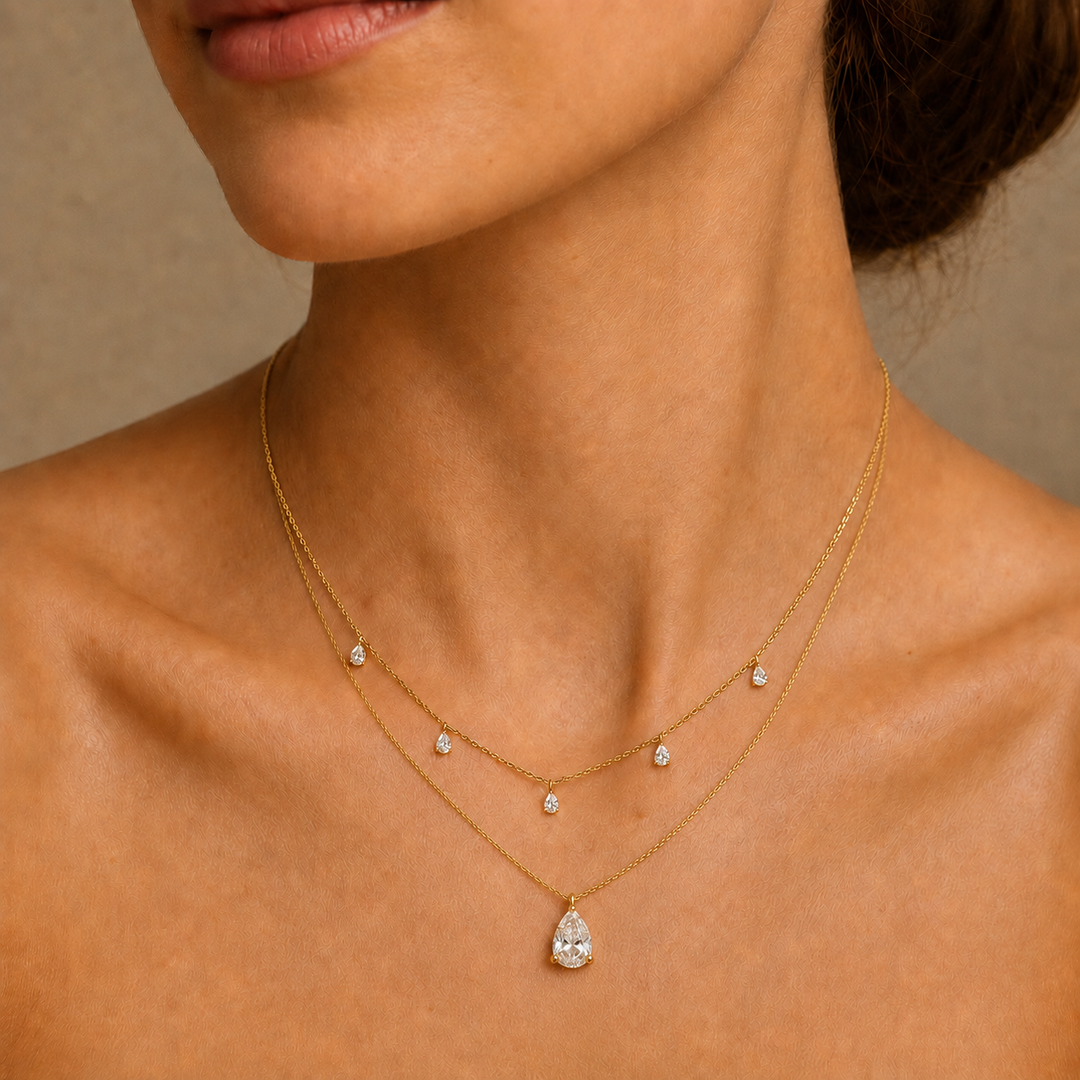 5 Pear Cut Diamond Dangling 14K Solid Gold Necklace
