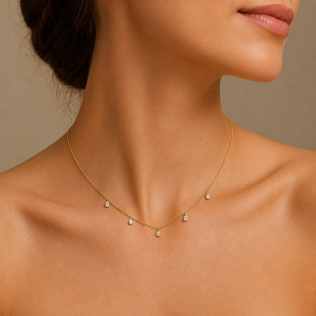 5 Pear Cut Diamond Dangling 14K Solid Gold Necklace