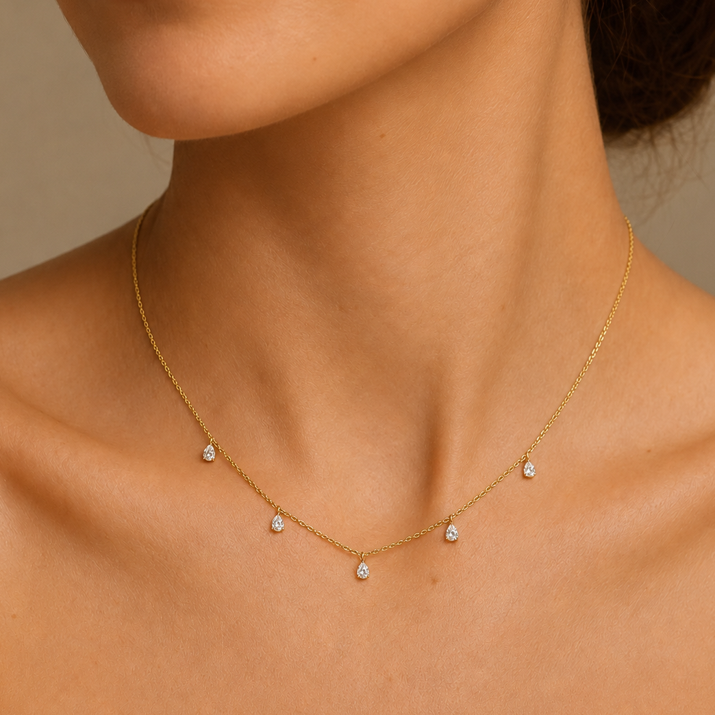 5 Pear Cut Diamond Dangling 14K Solid Gold Necklace