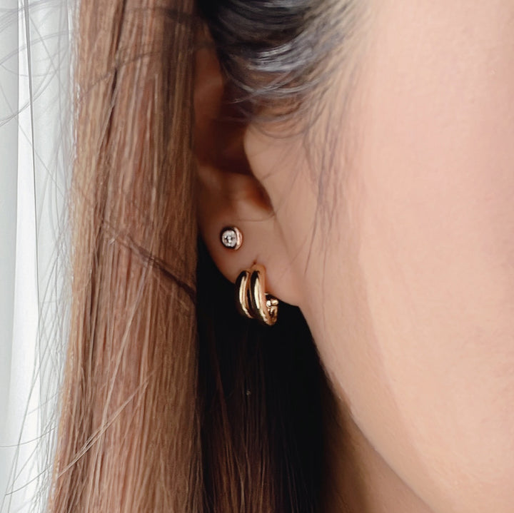 Double Arc Huggie Earrings – 14K Solid Gold Dual Hoop Illusion