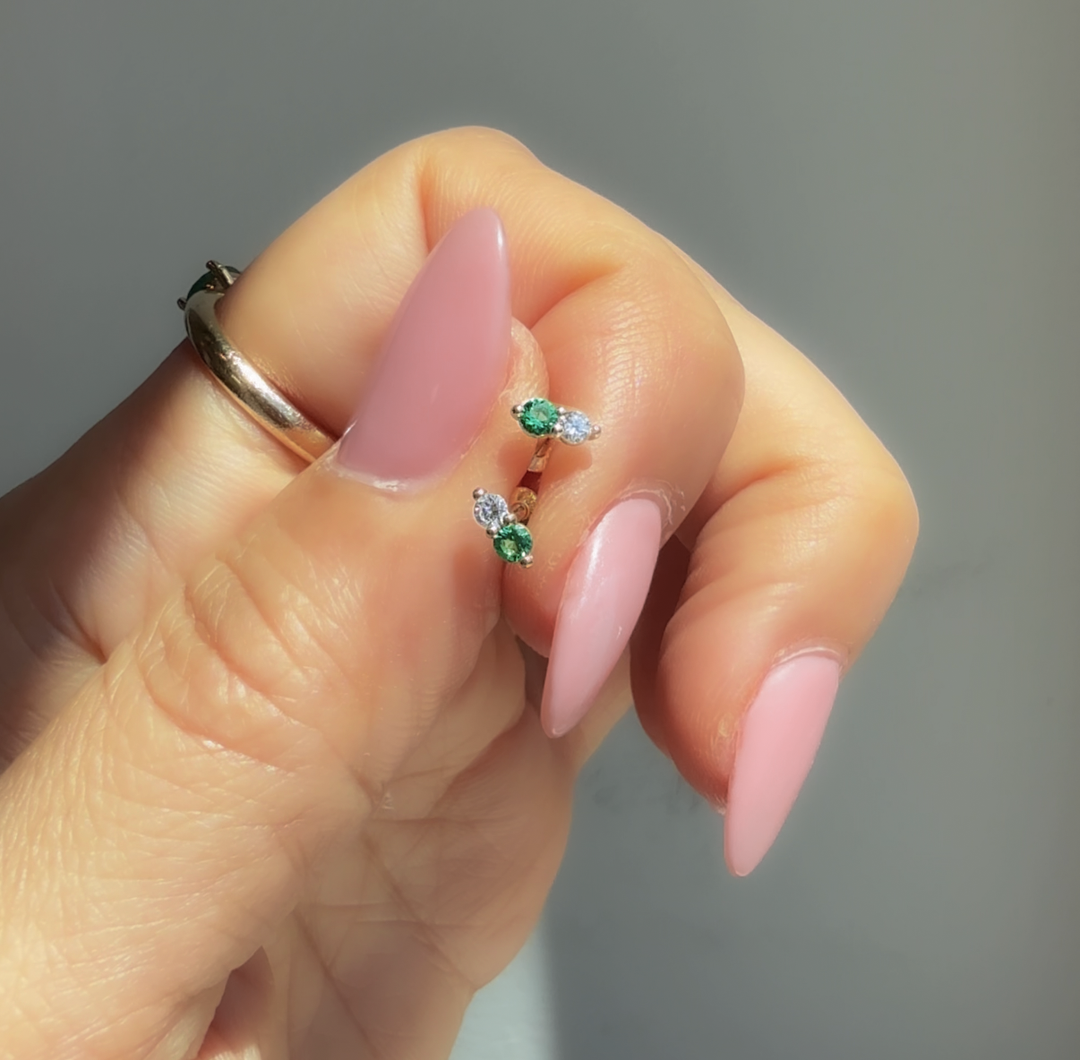Tiny Round Emerald & Diamond Stud Earrings – 14K Solid Gold (Single or Pair)