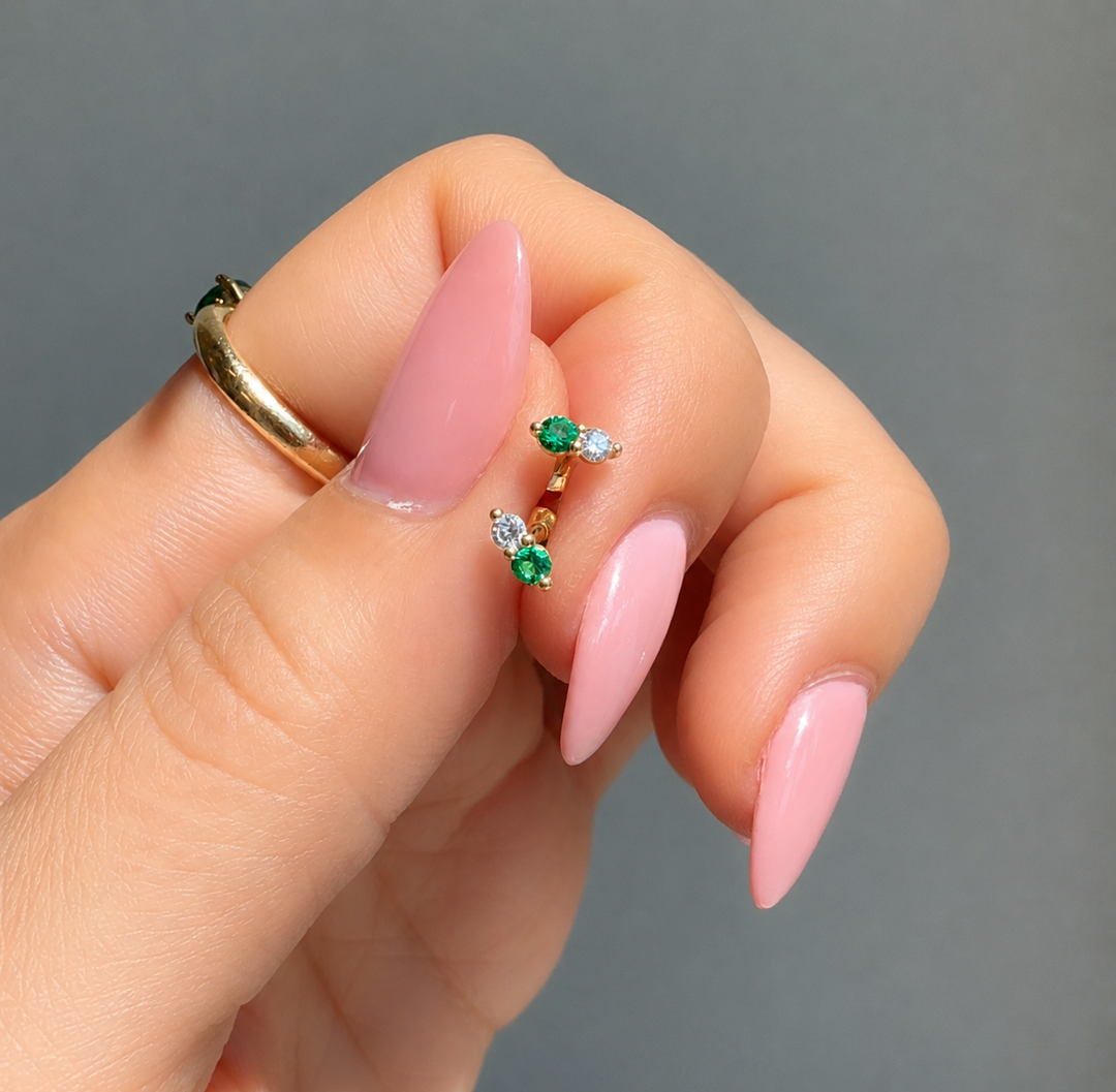 Tiny Round Emerald & Diamond Stud Earrings – 14K Solid Gold (Single or Pair)