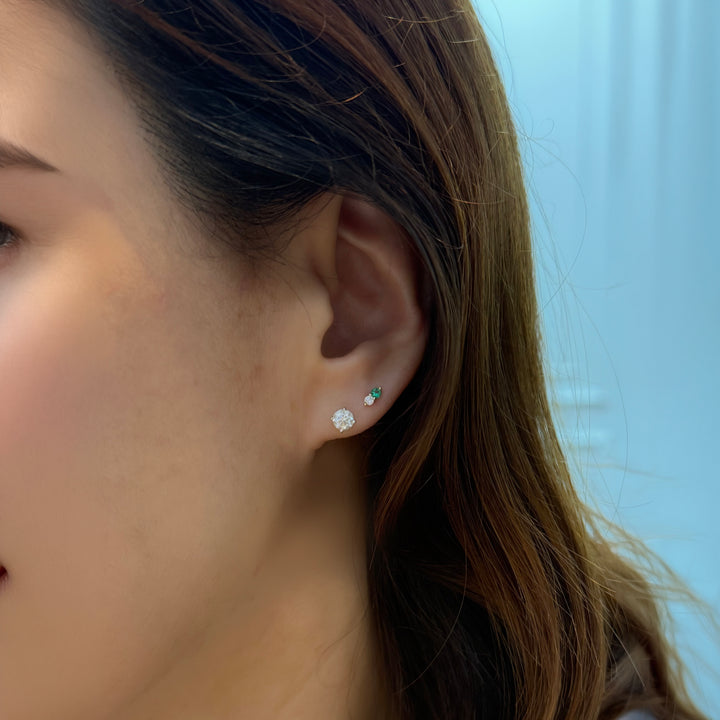 Tiny Round Emerald & Diamond Stud Earrings – 14K Solid Gold (Single or Pair)