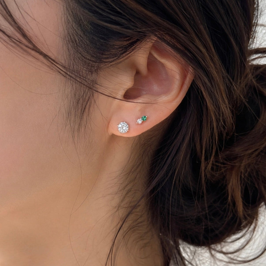 Tiny Round Emerald & Diamond Stud Earrings – 14K Solid Gold (Single or Pair)
