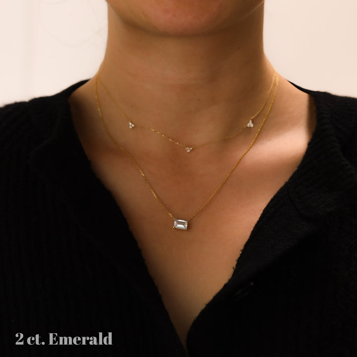 Lab Grown Emerald Diamond Solitaire Necklace on 14K Solid Gold Chain (1 ct. - 3 ct.)