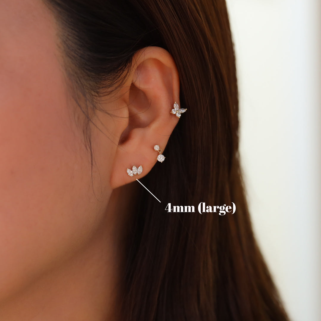 Crown Shape 3 Marquise Cut 4mm Lab Diamonds 14K Solid Gold Earrings Studs (Single or Pair) - Large