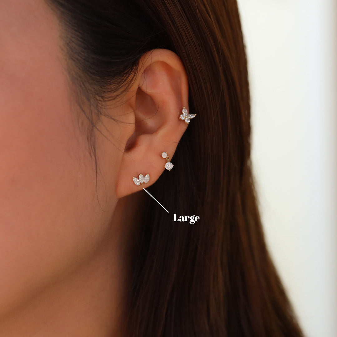 Crown Shape 3 Marquise Cut Lab Diamonds 14K Solid Gold Earrings Studs (Single or Pair) - Large