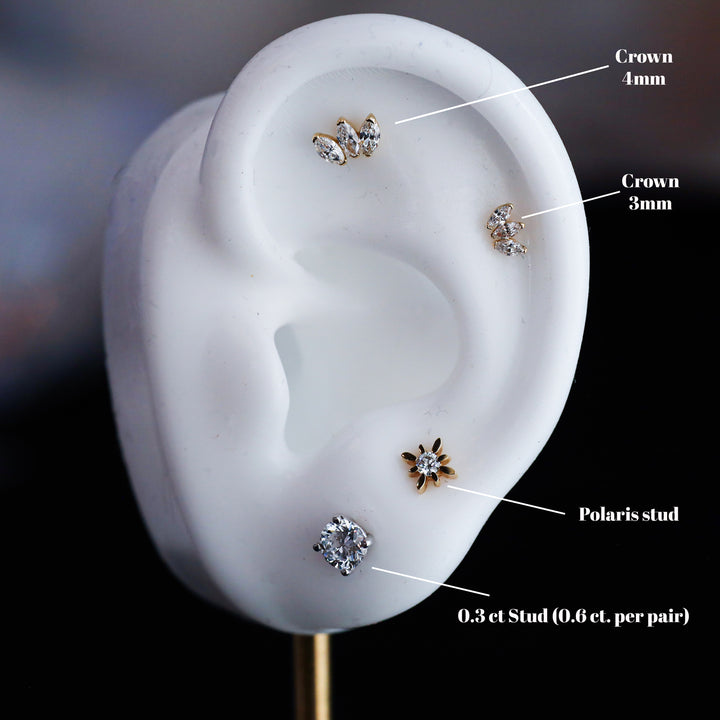 Crown Shape 3 Marquise Cut 4mm Lab Diamonds 14K Solid Gold Earrings Studs (Single or Pair) - Large