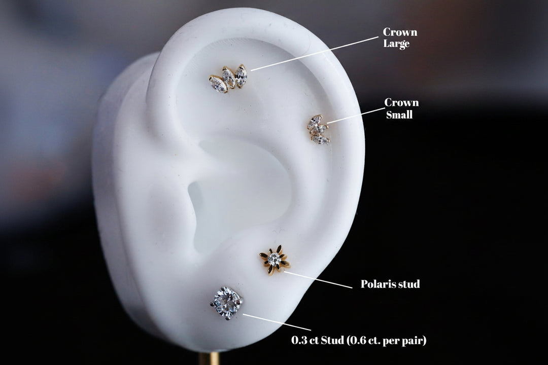 Crown Shape 3 Marquise Cut Lab Diamonds 14K Solid Gold Earrings Studs (Single or Pair) - Large