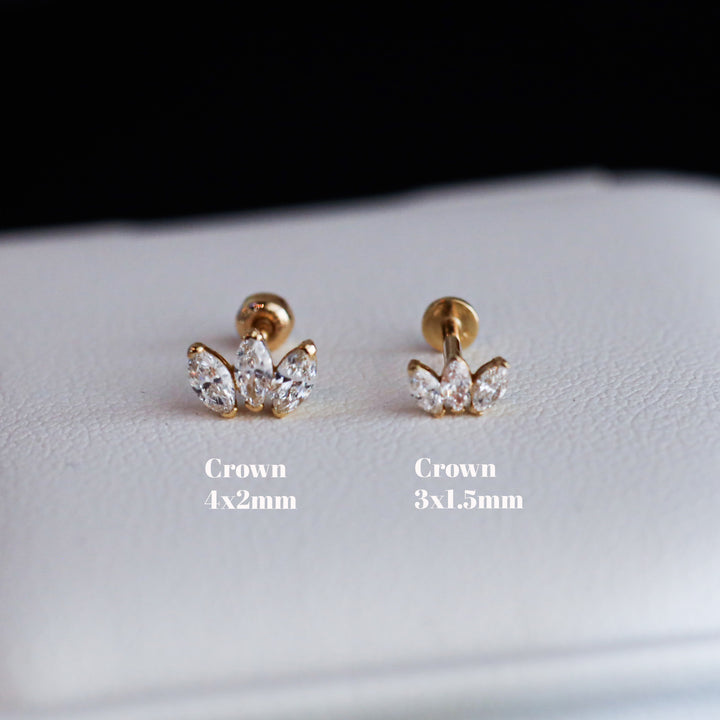 Crown Shape 3 Marquise Cut 4mm Lab Diamonds 14K Solid Gold Earrings Studs (Single or Pair) - Large