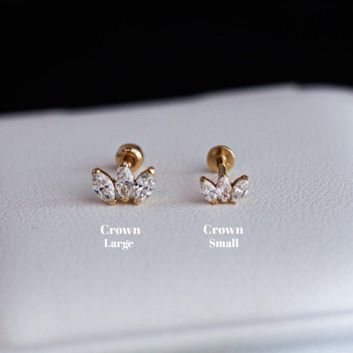 Crown Shape 3 Marquise Cut Lab Diamonds 14K Solid Gold Earrings Studs (Single or Pair) - Large