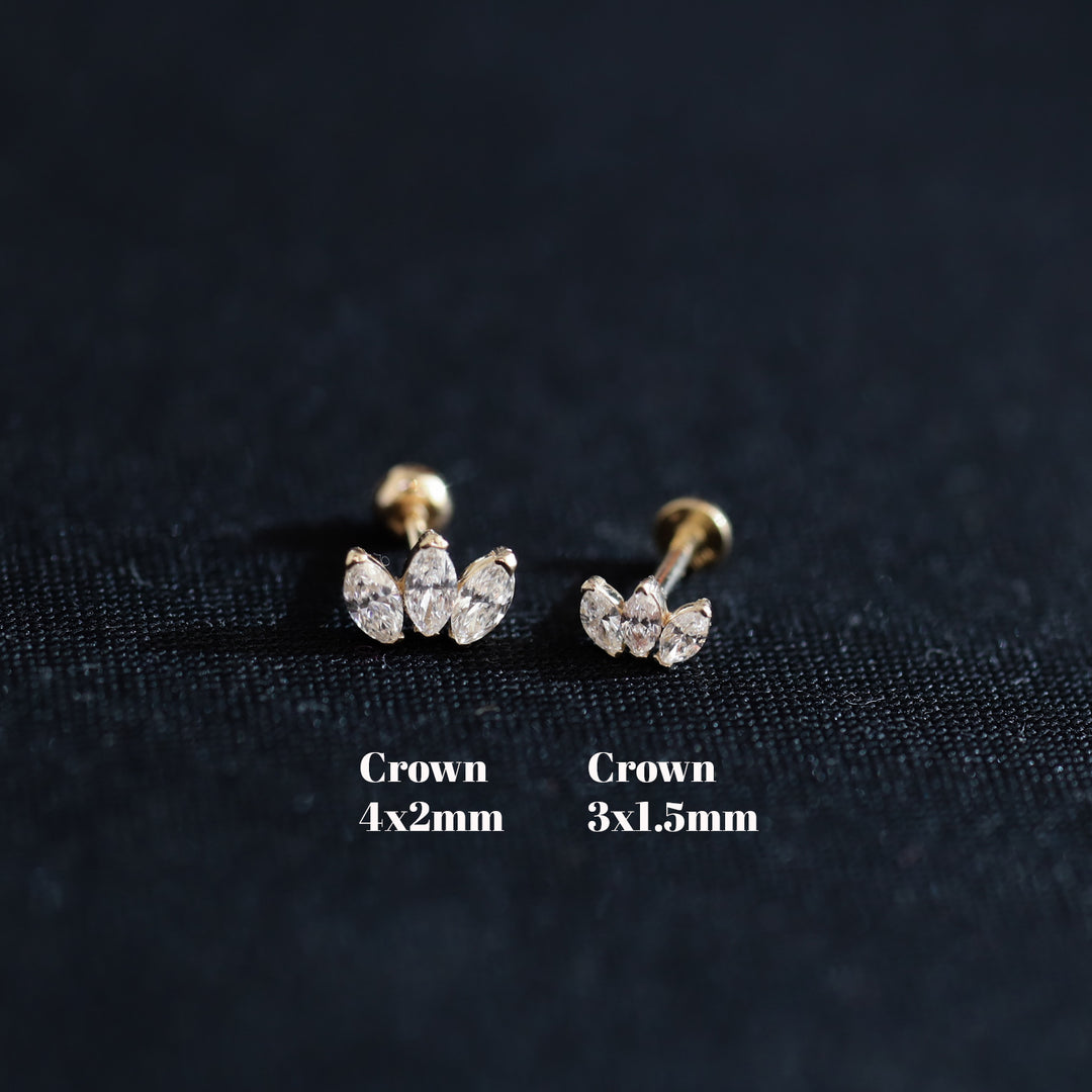 Crown Shape 3 Marquise Cut 4mm Lab Diamonds 14K Solid Gold Earrings Studs (Single or Pair) - Large
