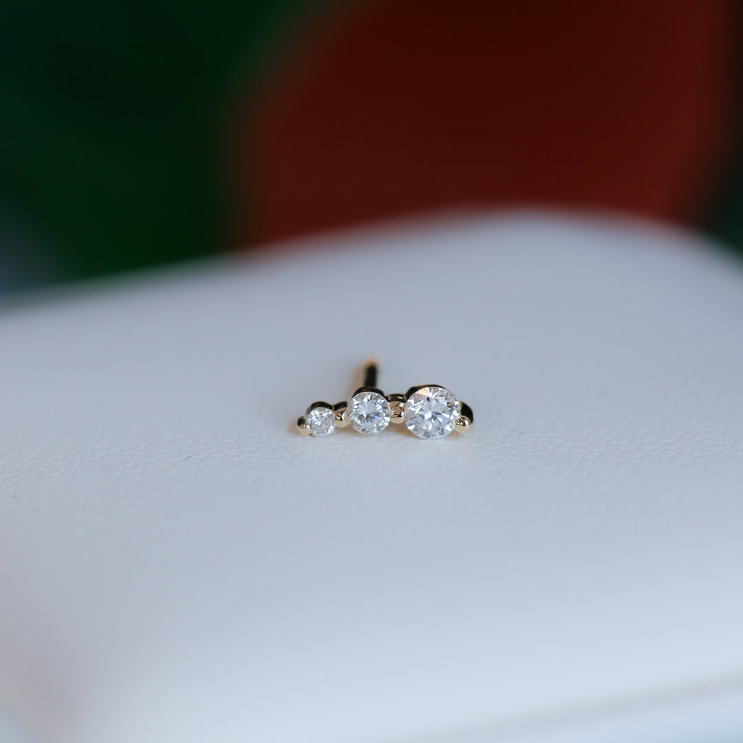 3 Round Curved Lab Diamond Stud in 14K Gold Earrings (Single or Pair)