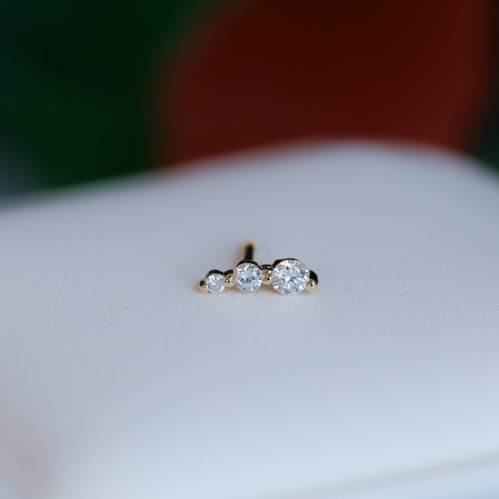 3 Round Curved Lab Diamond Stud in 14K Gold Earrings (Single or Pair)