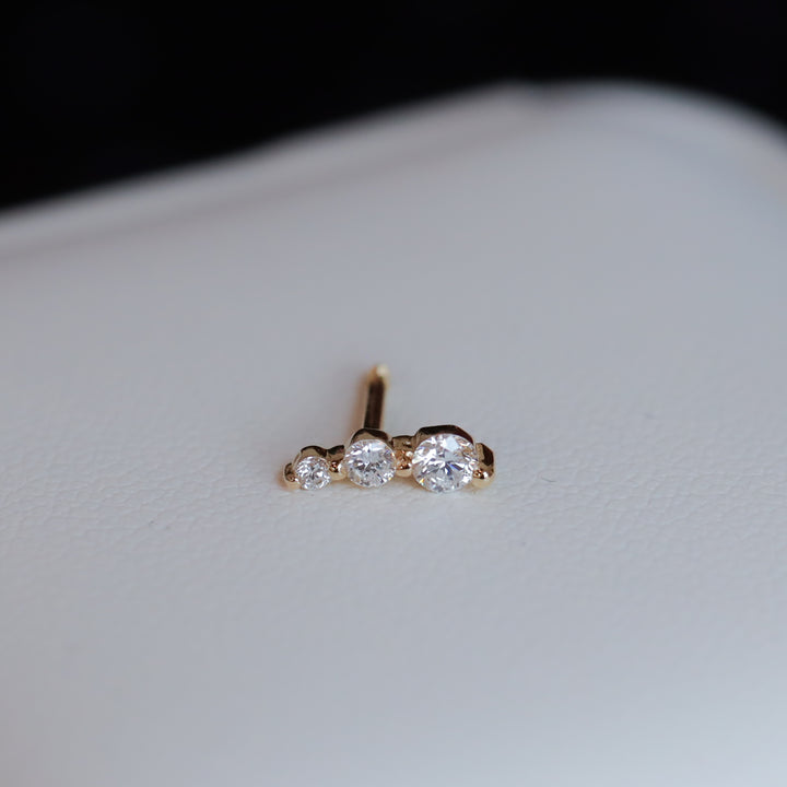 3 Round Curved Lab Diamond Stud in 14K Gold Earrings (Single or Pair)