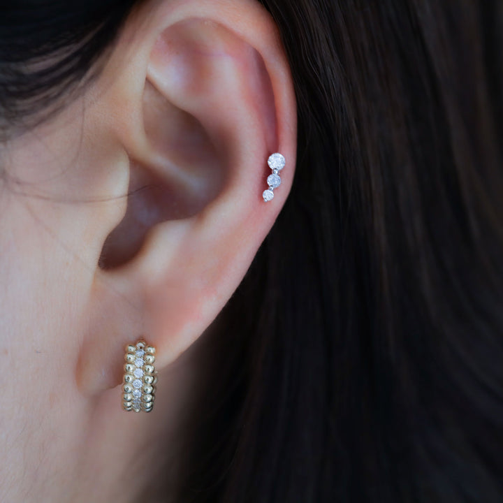 3 Round Curved Lab Diamond Stud in 14K Gold Earrings (Single or Pair)