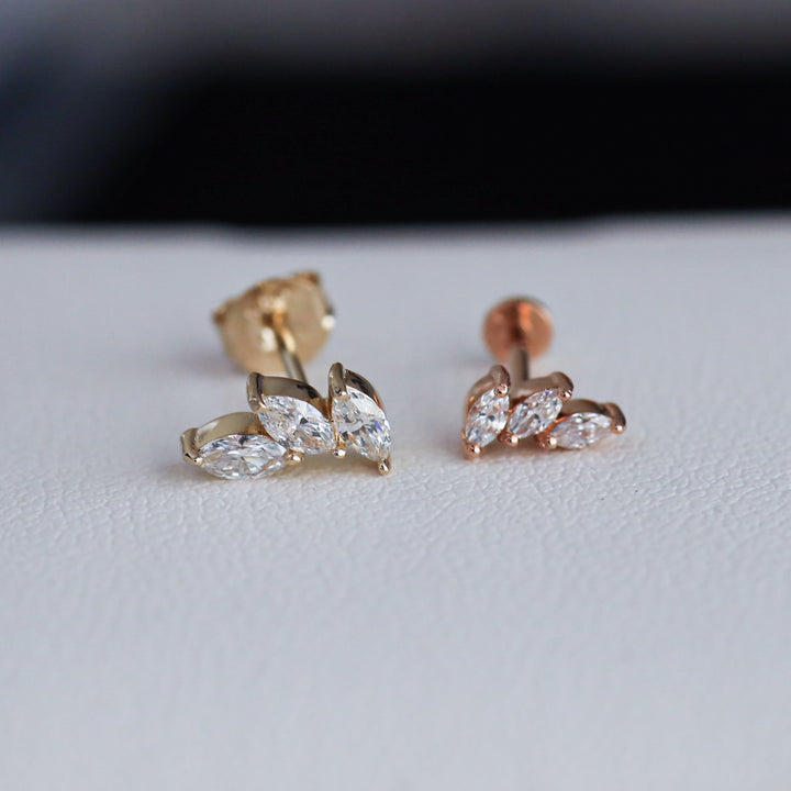 Leaf Wing Shape 3 Marquise Cut Lab Diamonds 14K Solid Gold Earrings Studs - Large (Single or Pair)