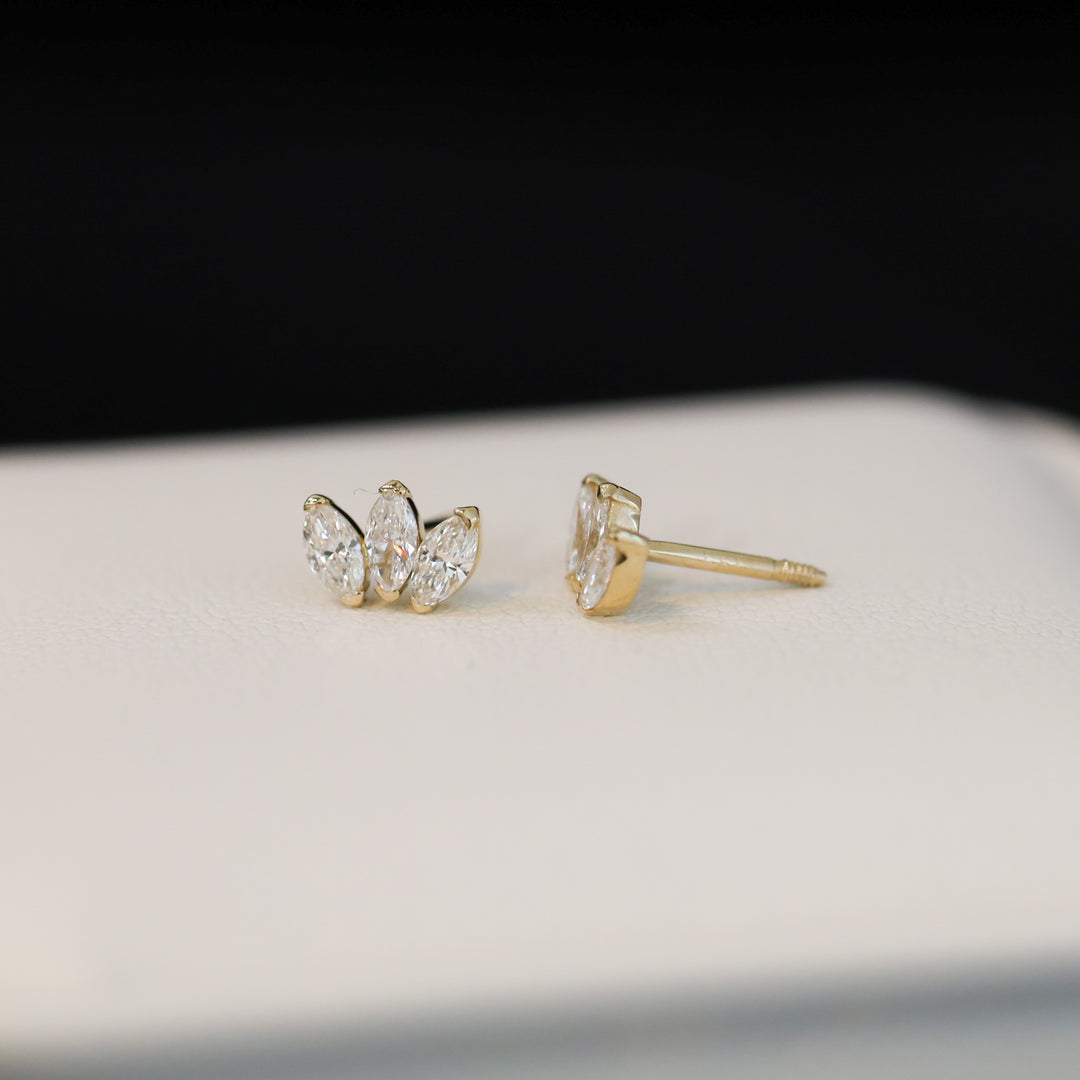Crown Shape 3 Marquise Cut 4mm Lab Diamonds 14K Solid Gold Earrings Studs (Single or Pair) - Large