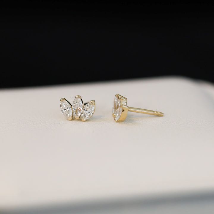 Crown Shape 3 Marquise Cut 4mm Lab Diamonds 14K Solid Gold Earrings Studs (Single or Pair) - Large