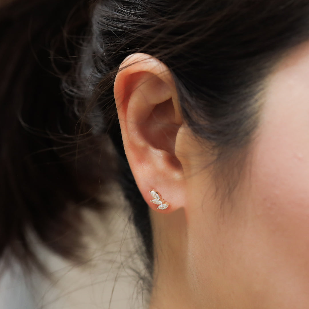 Leaf Wing Shape 3 Marquise Cut Lab Diamonds 14K Solid Gold Earrings Studs - Large (Single or Pair)