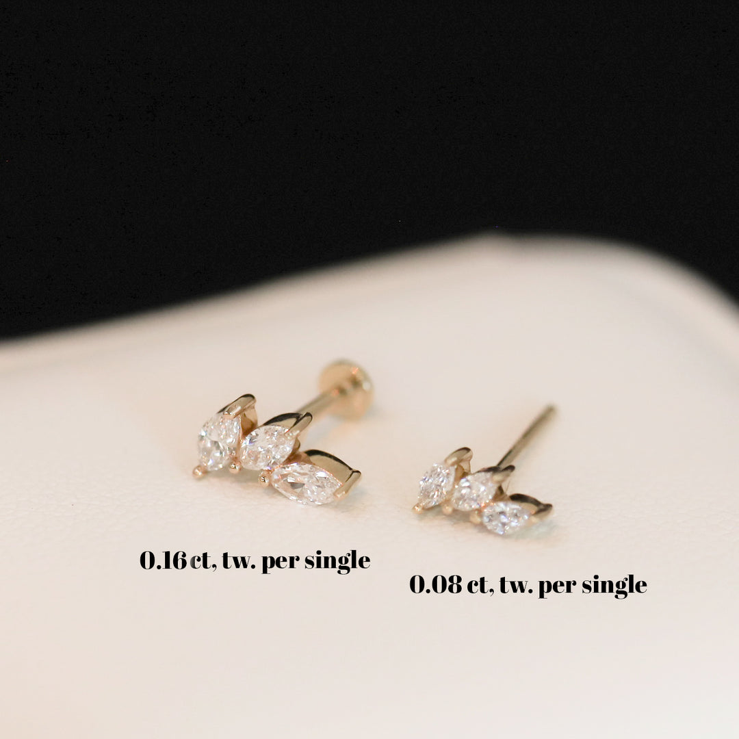 Leaf Wing Shape 3 Marquise Cut Lab Diamonds 14K Solid Gold Earrings Studs - Large (Single or Pair)