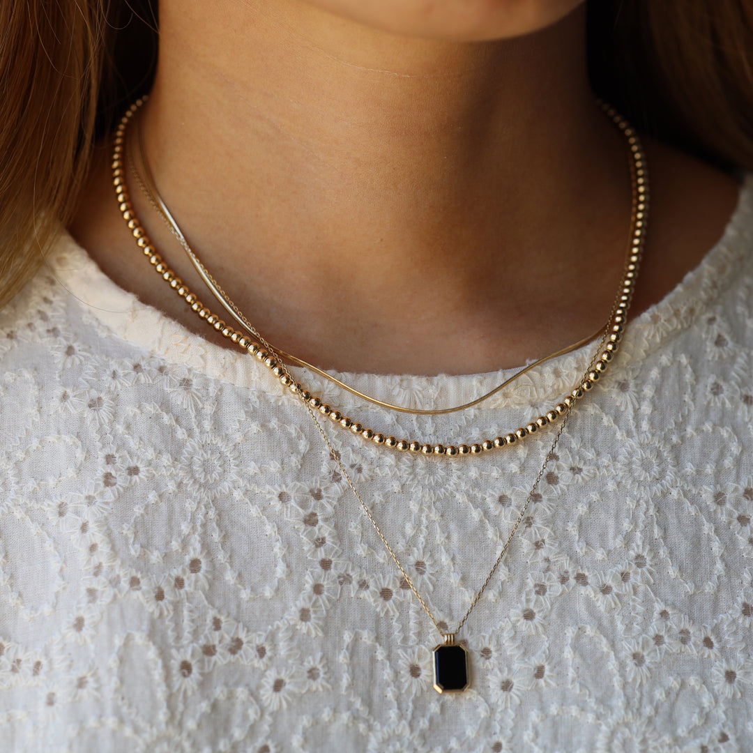 Gold Natural Black Onyx Pendant Necklace - Engravable Back