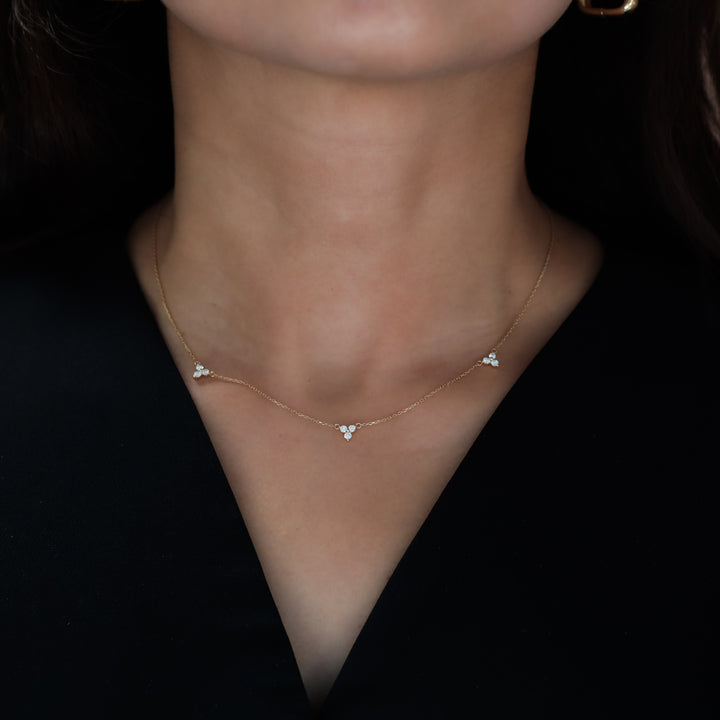 3-Diamond Shared Prong Triangle 14K Solid Gold Necklace