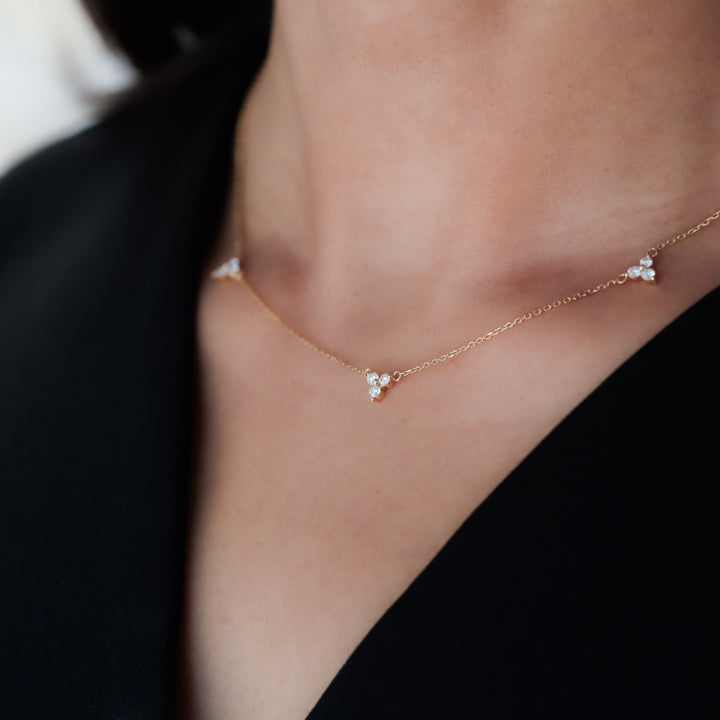 3-Diamond Shared Prong Triangle 14K Solid Gold Necklace