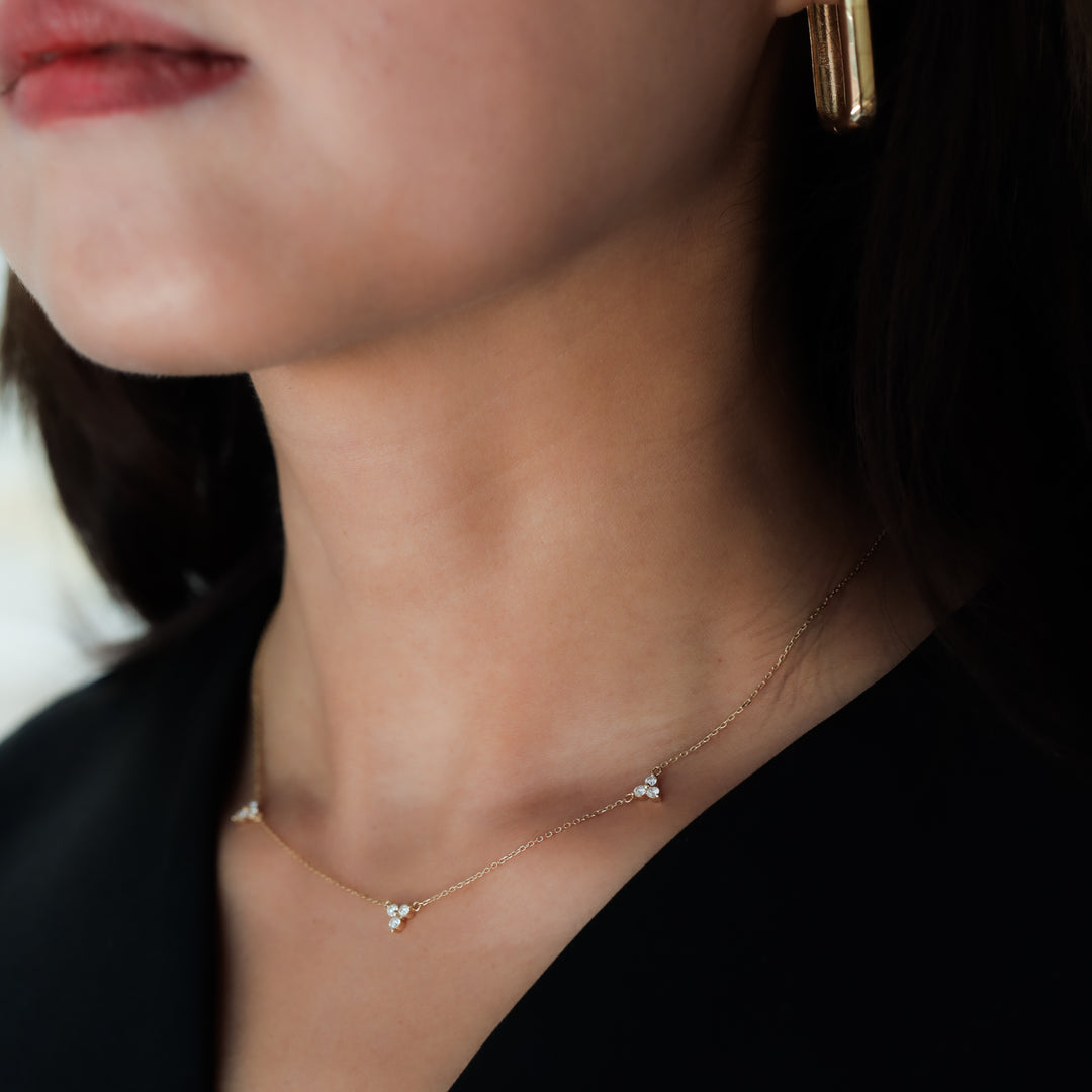 3-Diamond Shared Prong Triangle 14K Solid Gold Necklace