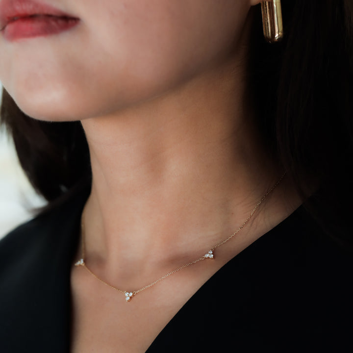 3-Diamond Shared Prong Triangle 14K Solid Gold Necklace