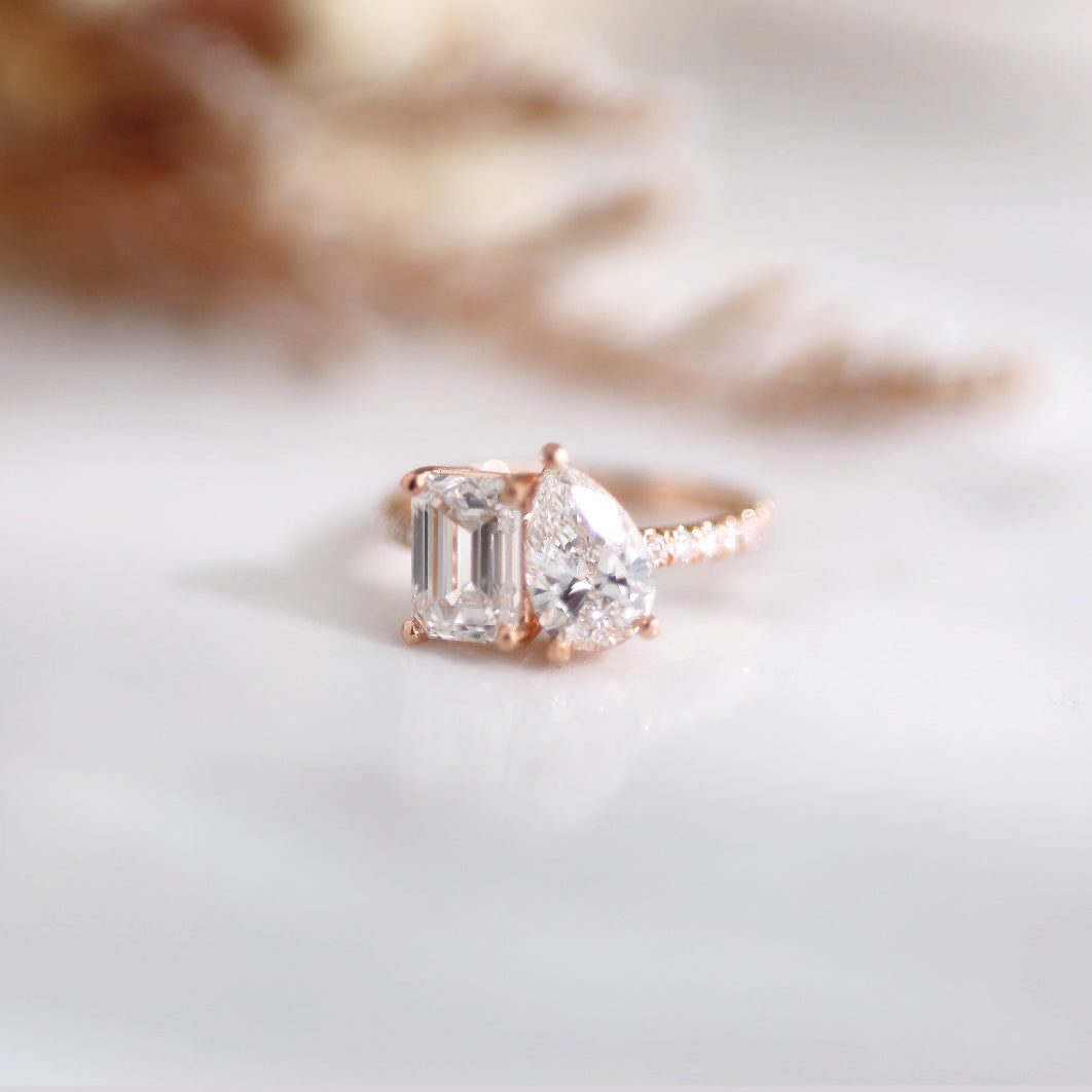 Toi et Moi Engagement Ring – 2ct Emerald & 1.5ct Pear Cut in 14K Solid Gold