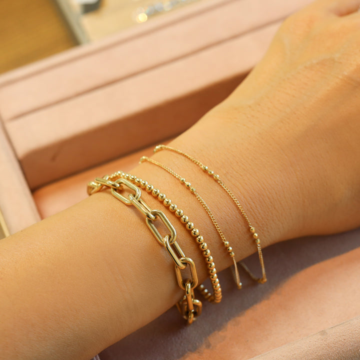Double Chain Bracelet - Triple Textured Bead Accents (Optional Heart Charm)