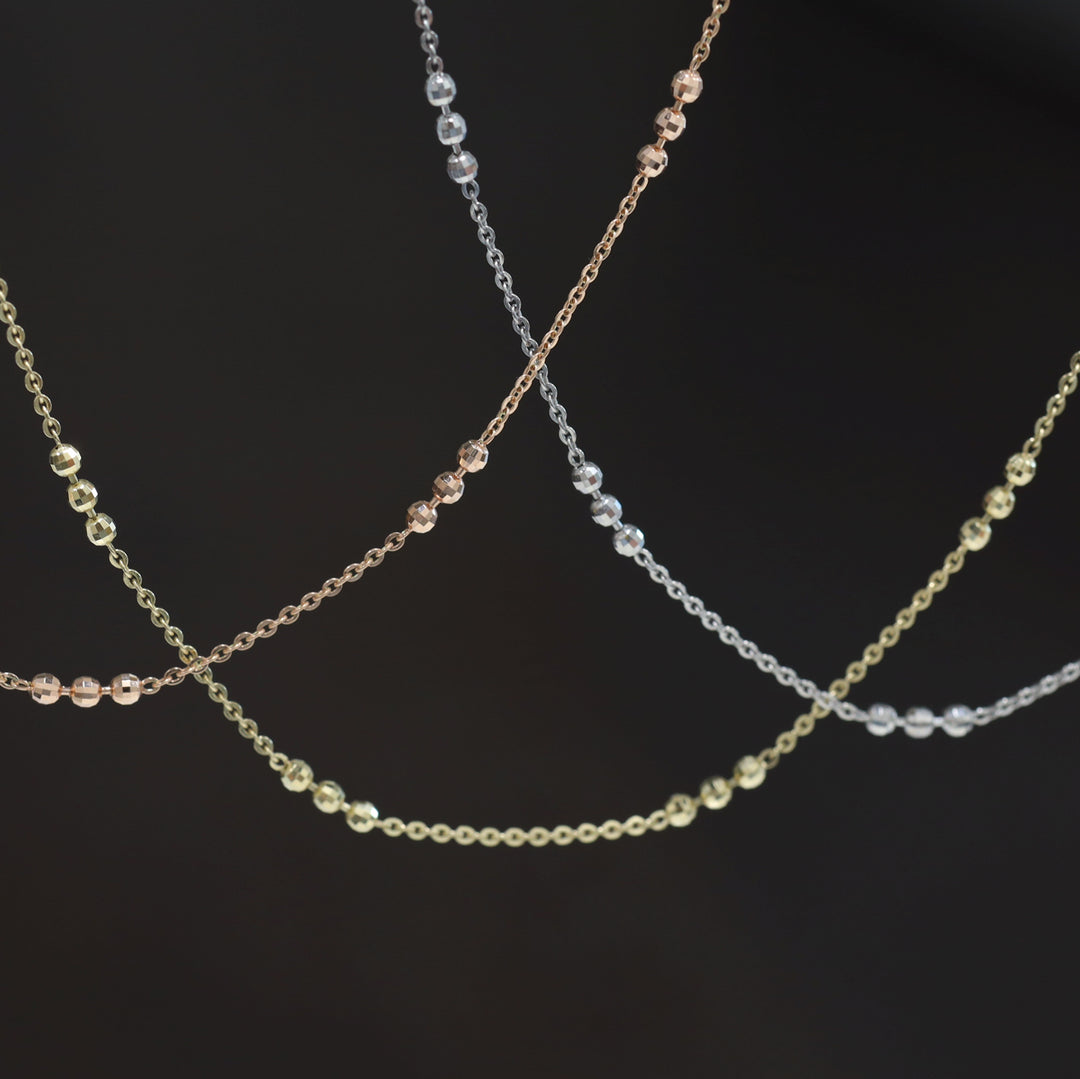 Tripled Beads Stations Diamond-Cut Disco Balls Chain 14K Solid Gold Necklace