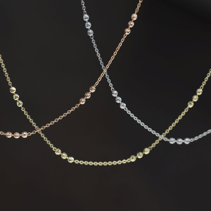 Tripled Beads Stations Diamond-Cut Disco Balls Chain 14K Solid Gold Necklace