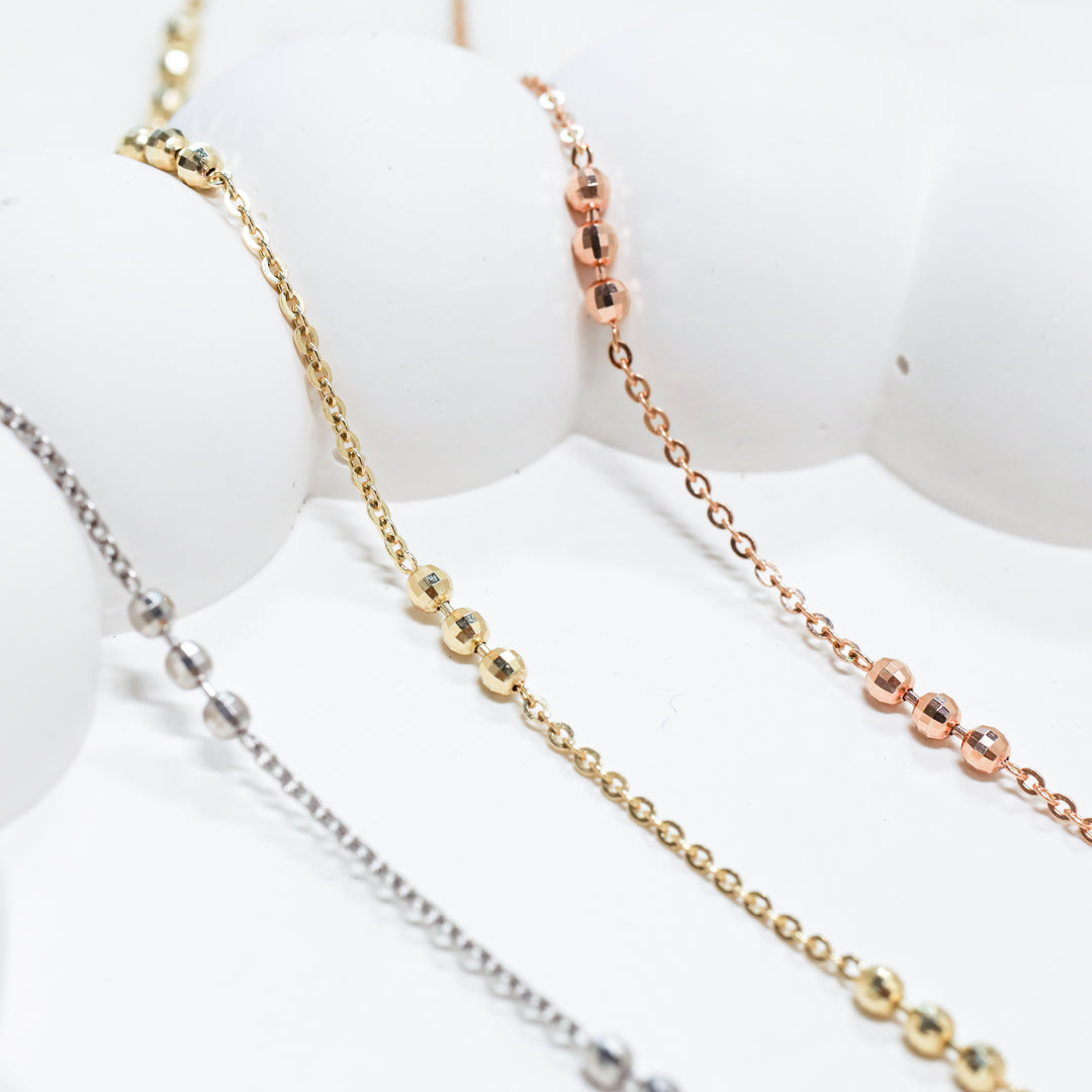 Tripled Beads Stations Diamond-Cut Disco Balls Chain 14K Solid Gold Necklace