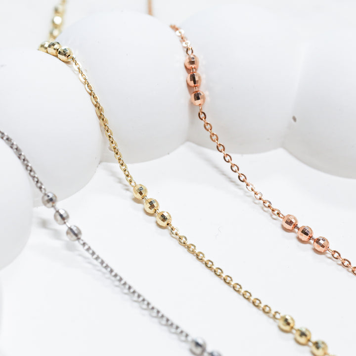 Tripled Beads Stations Diamond-Cut Disco Balls Chain 14K Solid Gold Necklace