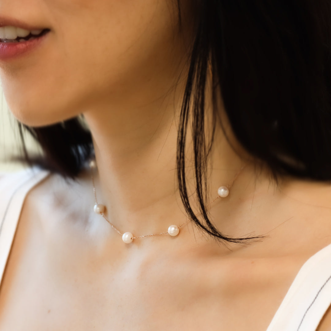 White Freshwater Pearl Station Necklace - Large (6.5mm - 10 Pearls)