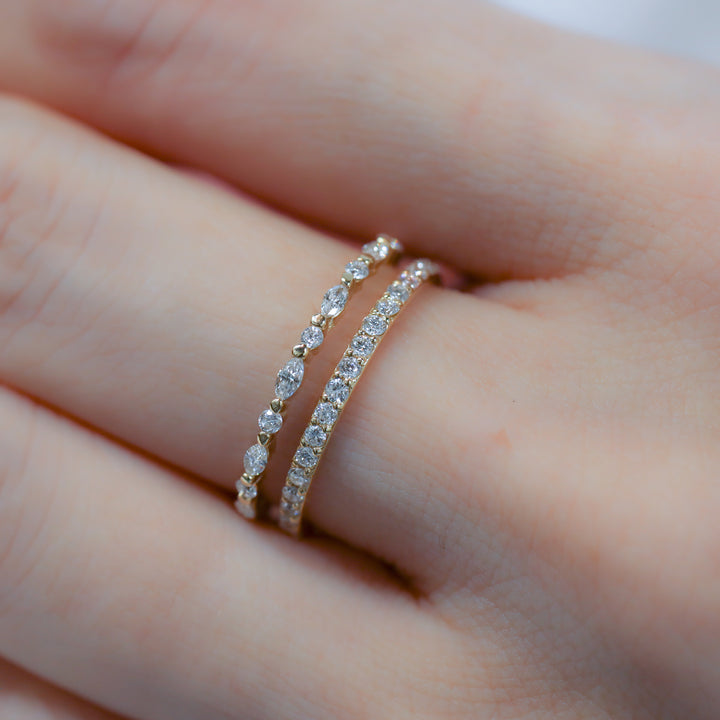 1.5mm Stacking Ring - Marquise Cut / Round Cut Lab Diamond 14K Solid Gold Band
