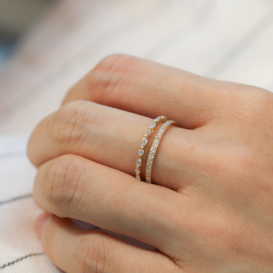1.5mm Stacking Ring - Marquise Cut / Round Cut Lab Diamond 14K Solid Gold Band