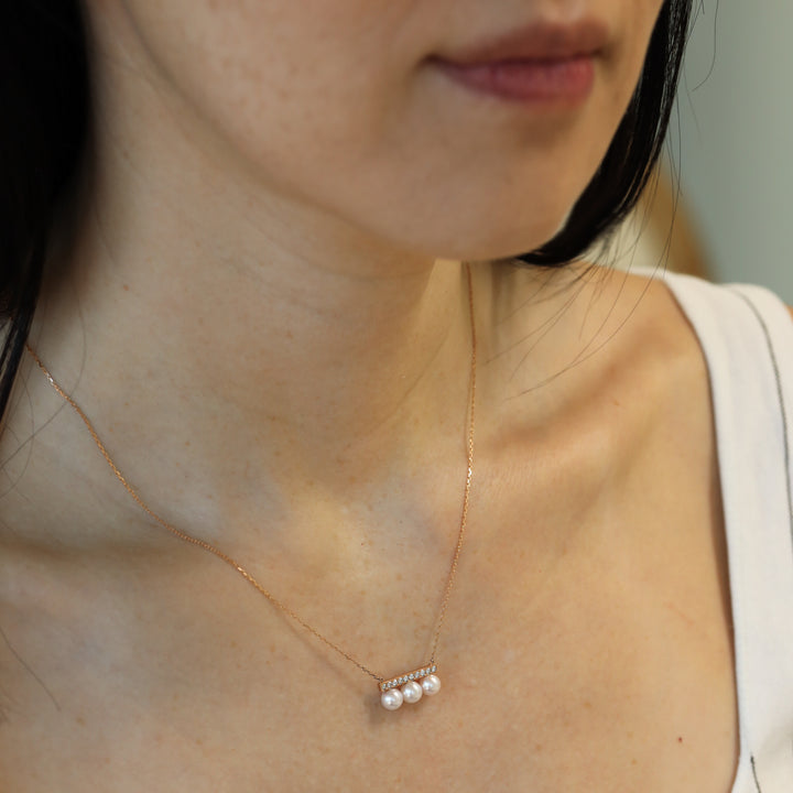 14K Solid Gold Diamond Pearl Bar Necklace – Elegant Lab Diamond Pendant