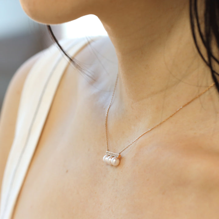 14K Solid Gold Diamond Pearl Bar Necklace – Elegant Lab Diamond Pendant
