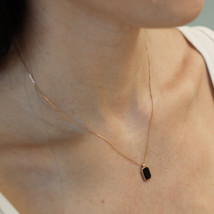 Gold Natural Black Onyx Pendant Necklace - Engravable Back