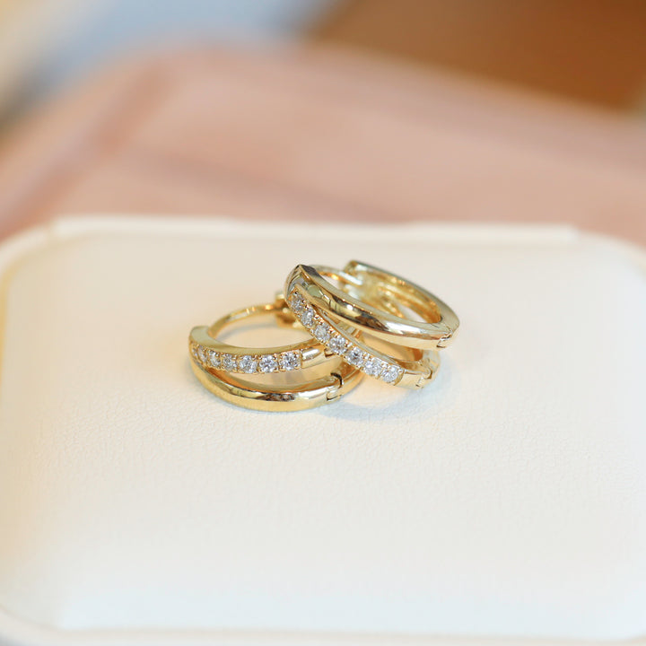 Double Arc with Lab Diamonds Accent Huggie Earrings – 14K Solid Gold Dual Hoop