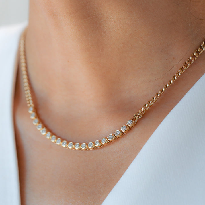 Tennis Row Bezel Lab Diamonds Necklace with 3mm 14K Solid Gold Chain