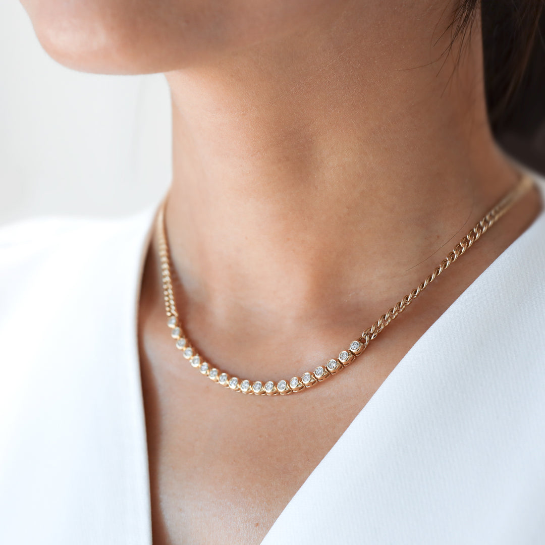 Tennis Row Bezel Lab Diamonds Necklace with 3mm 14K Solid Gold Chain