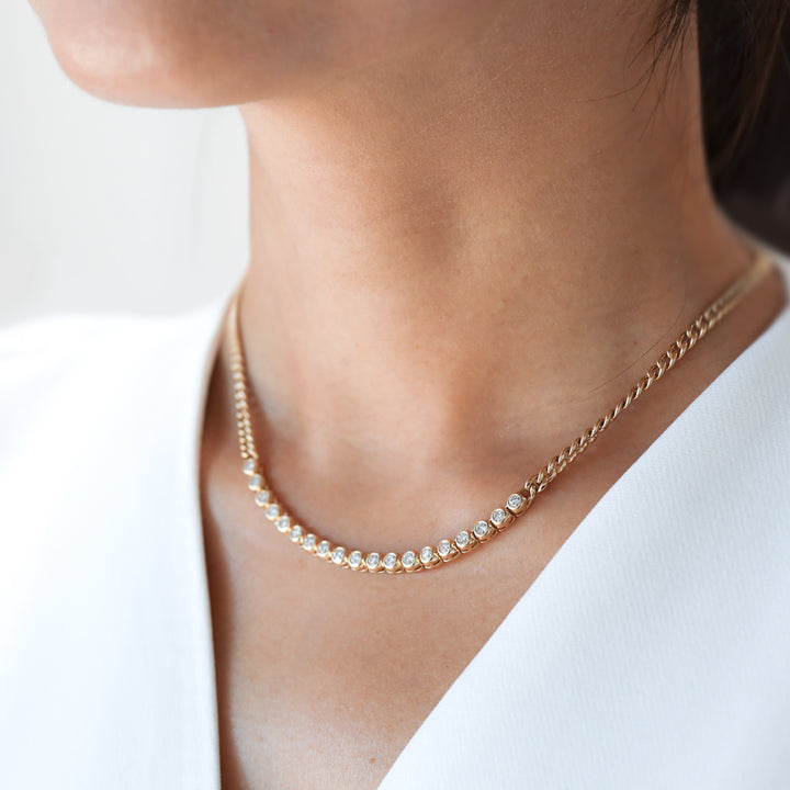Tennis Row Bezel Lab Diamonds Necklace with 3mm 14K Solid Gold Chain