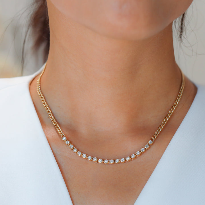 Tennis Row Bezel Lab Diamonds Necklace with 3mm 14K Solid Gold Chain
