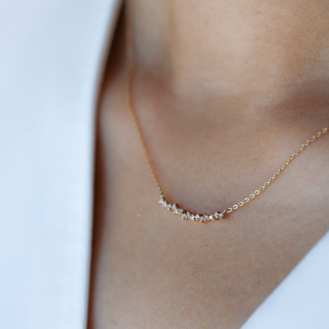 14K Gold Curved Cluster Diamond Necklace