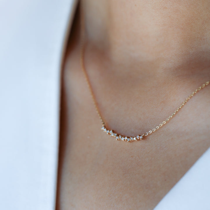 14K Gold Curved Cluster Diamond Necklace
