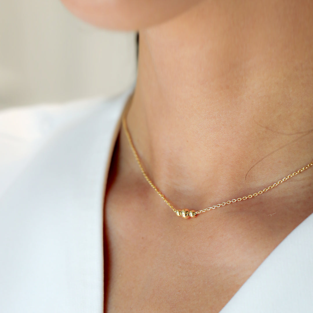 Tripled Beads Balls Chain 14K Solid Gold Necklace